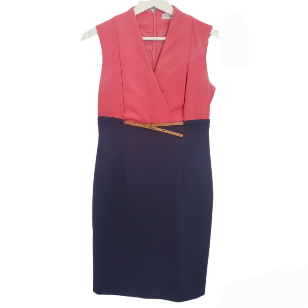 Calvin Klein V-Neck Pleat Sleeveless Midi Dress